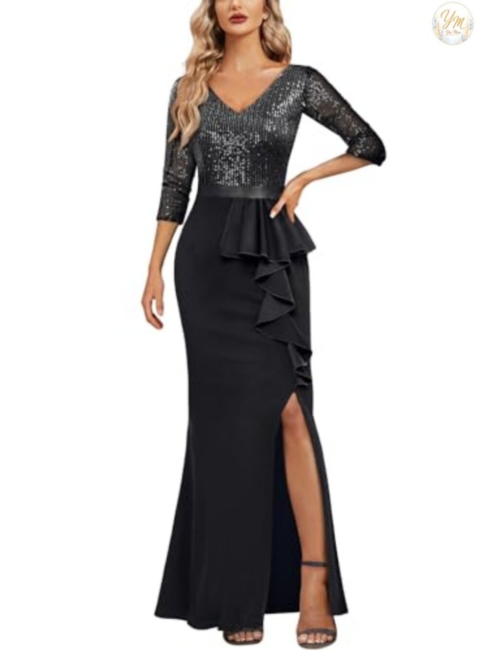 Elegant Sequin V-Neck Mermaid Long Dress 3/4 Sleeve Formal Evening Party Gown